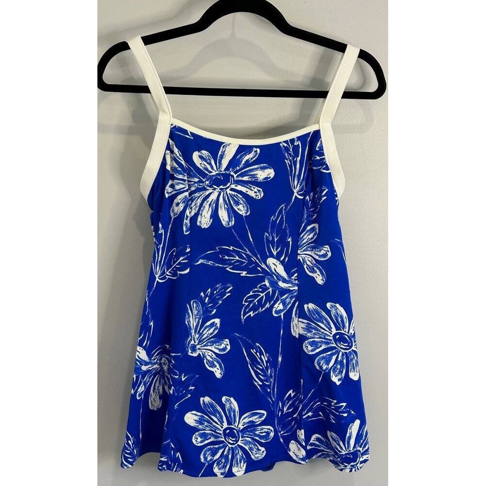 A&H Sportswear Blue White Flower Print One Piece Swimsuit Swimdress Size 14